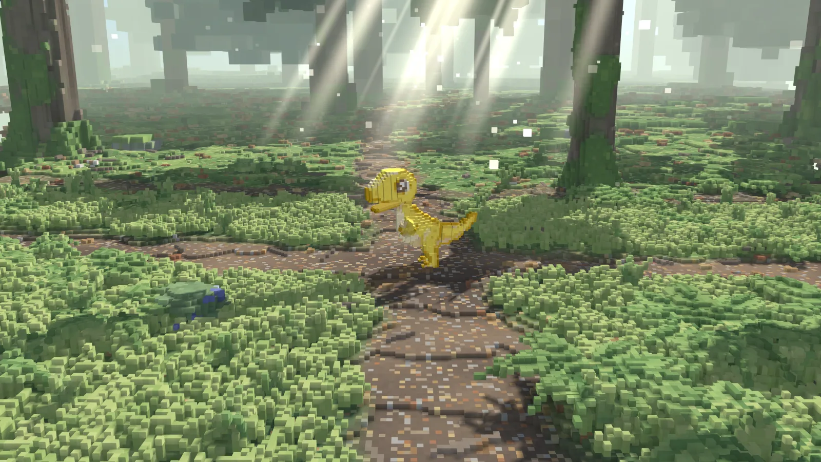 Key art: a yellow compsognathus on a path through a sunlit voxel forest
