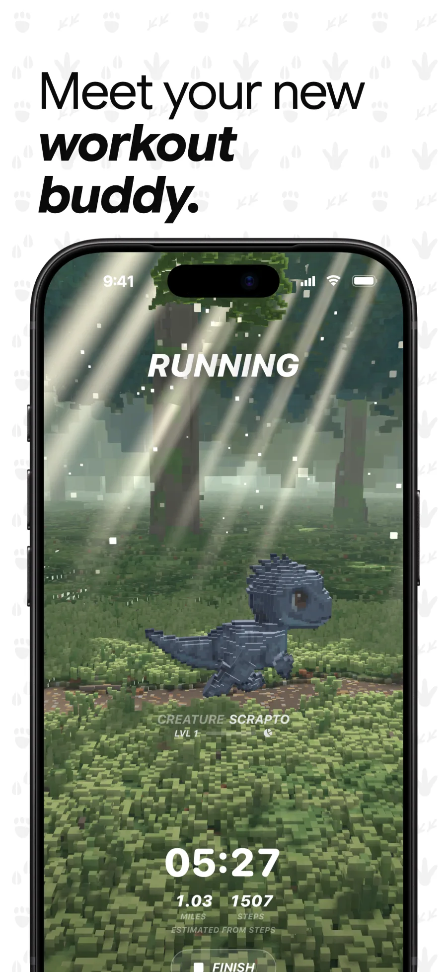 Meet your new workout buddy: a creature running through a voxel forest during an iPhone workout
